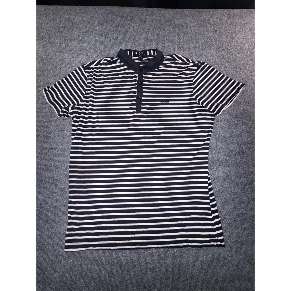 Hugo Boss Mens Navy White Striped Short Sleeve Mandarin Collar Polo Shirt L